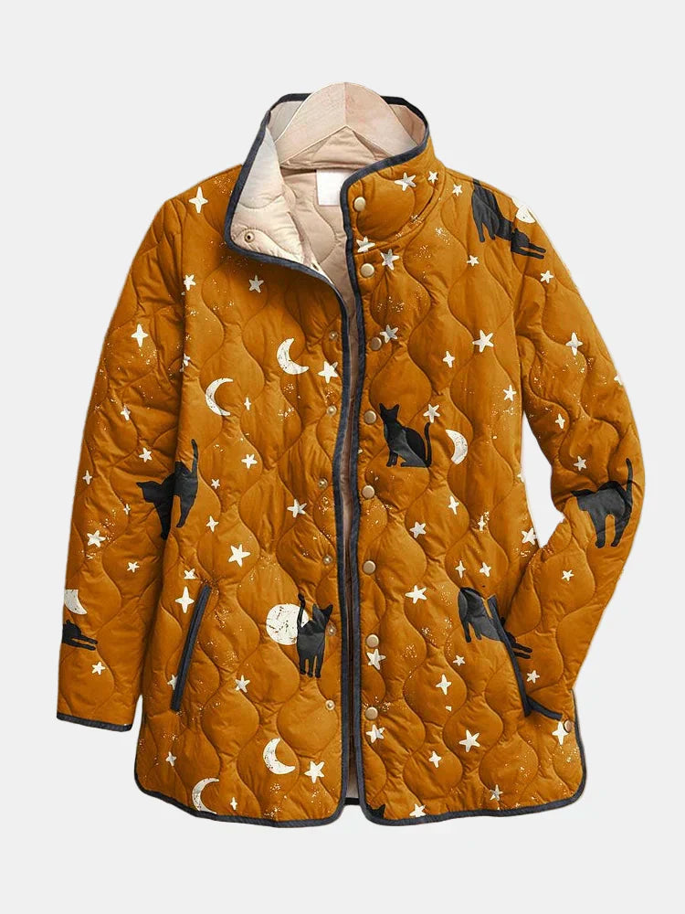 Eira | Black Quilted Jacket with Cat Pattern