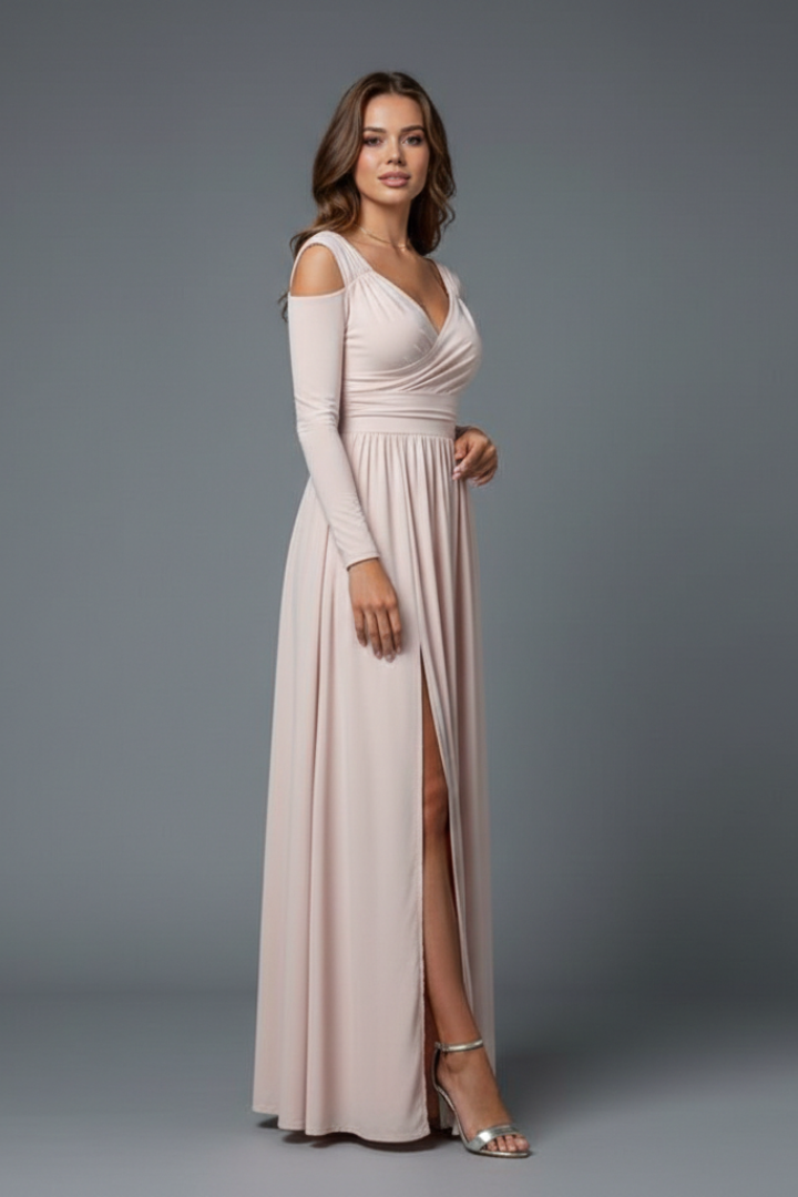 Women’s Long Dress with V-Neck and Side Slit