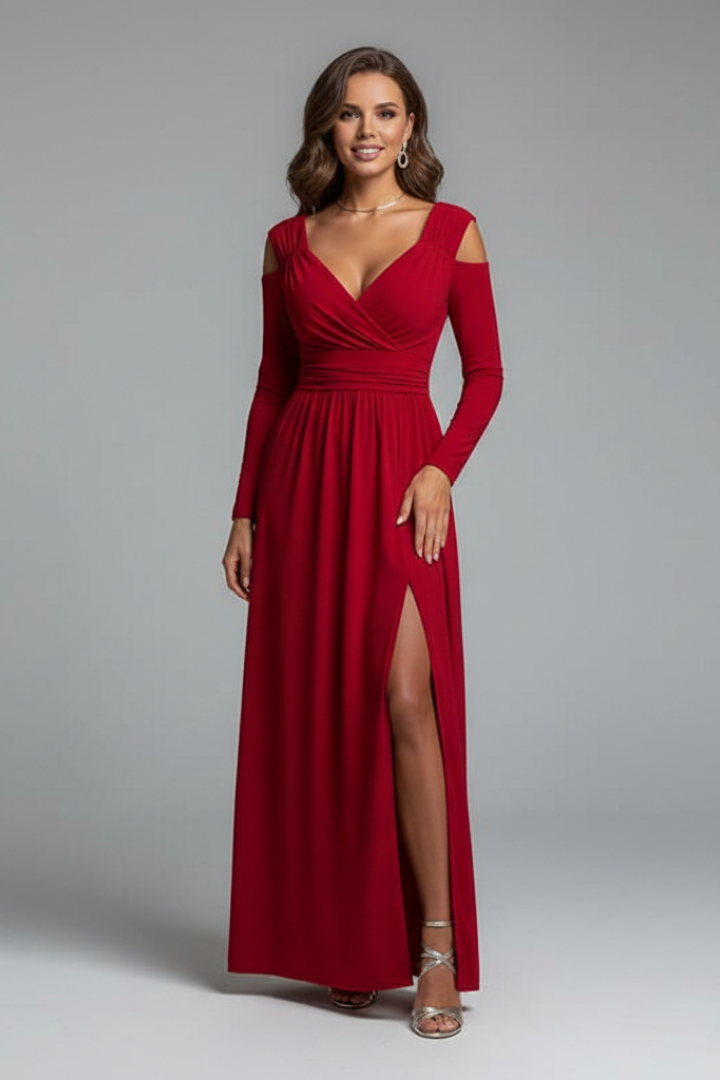 Women’s Long Dress with V-Neck and Side Slit