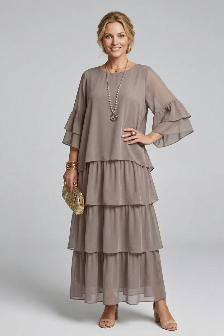 Women’s Maxi Dress with Round Neck and Layered Skirt
