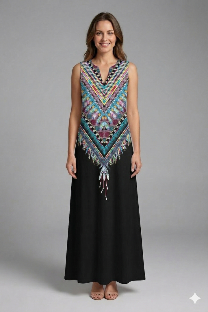 Women’s Maxi Dress with Split Neck and Sleeveless Design