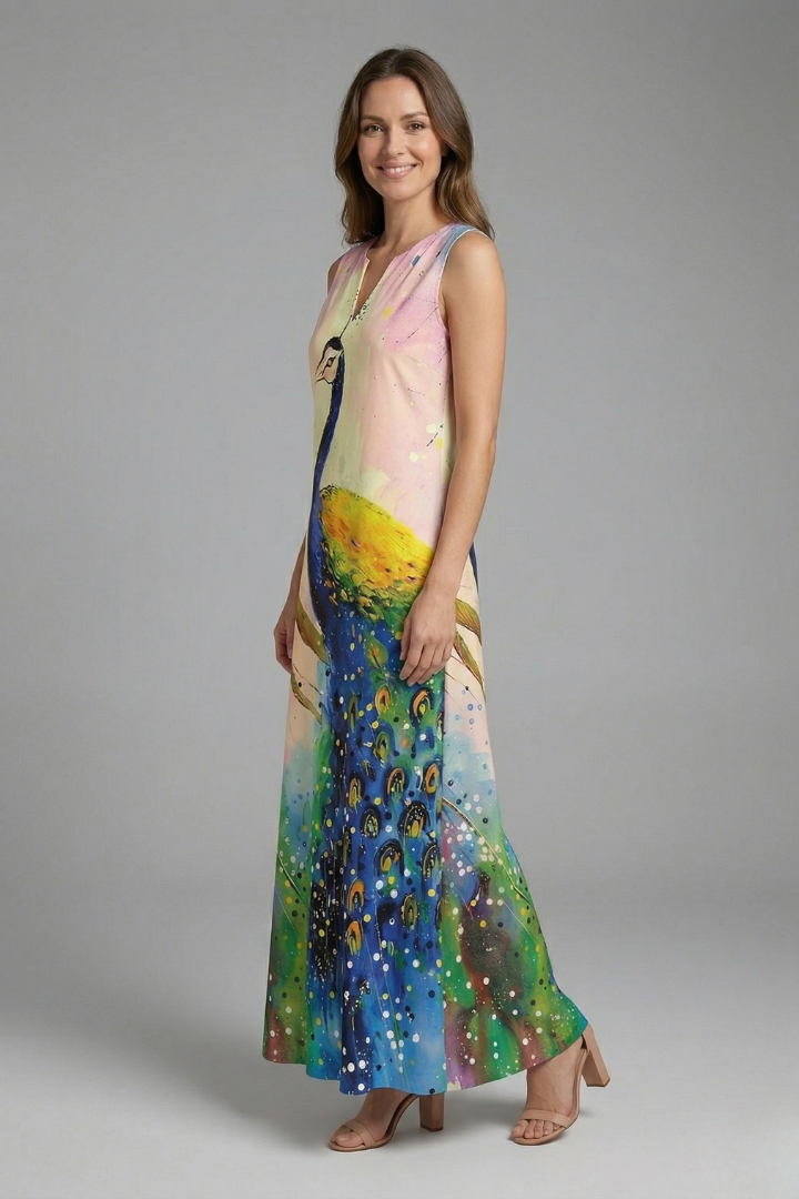 Women’s Maxi Dress with Split Neck and Sleeveless Design