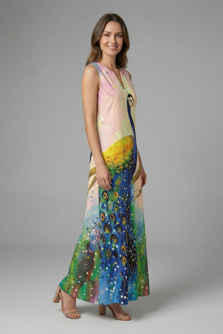 Women’s Maxi Dress with Split Neck and Sleeveless Design
