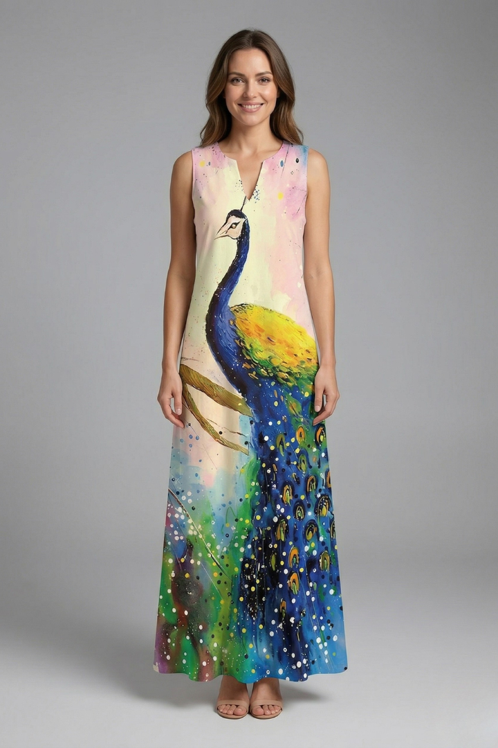 Women’s Maxi Dress with Split Neck and Sleeveless Design