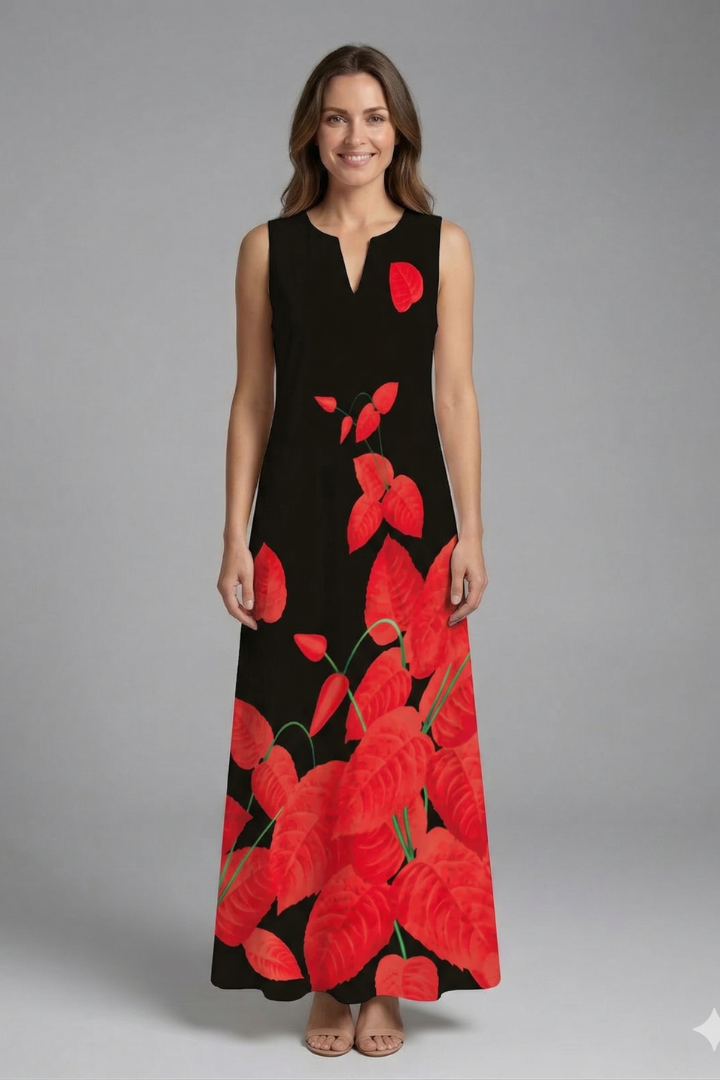 Women’s Maxi Dress with Split Neck and Sleeveless Design