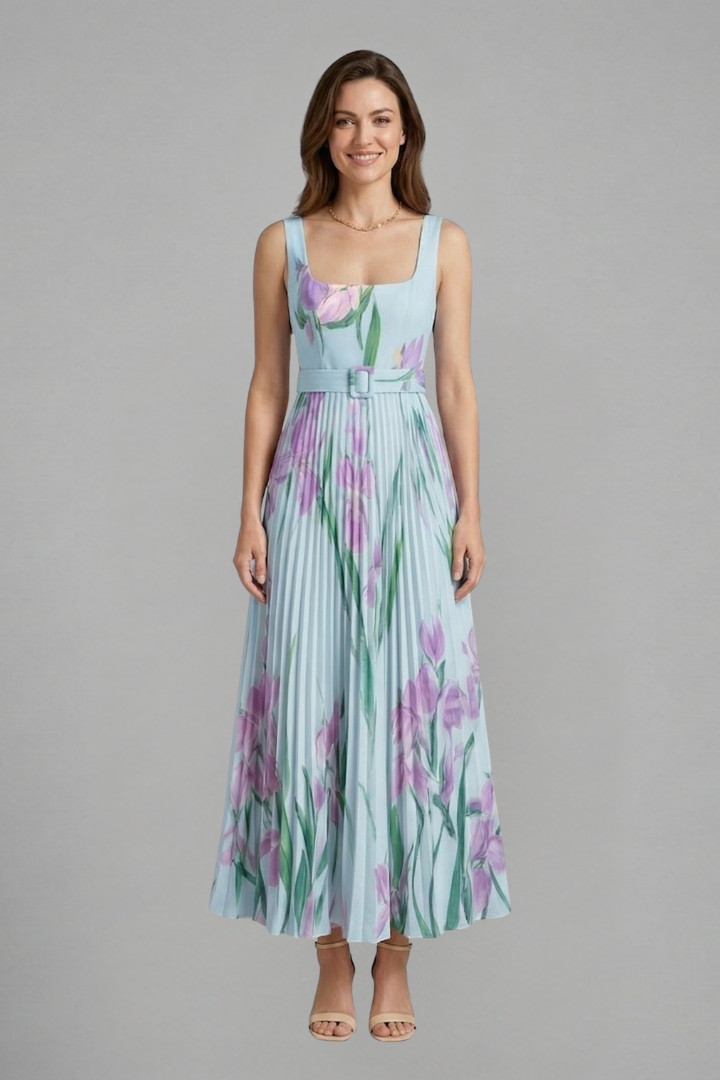 Women’s Maxi Dress with Square Neck and Pleated Skirt