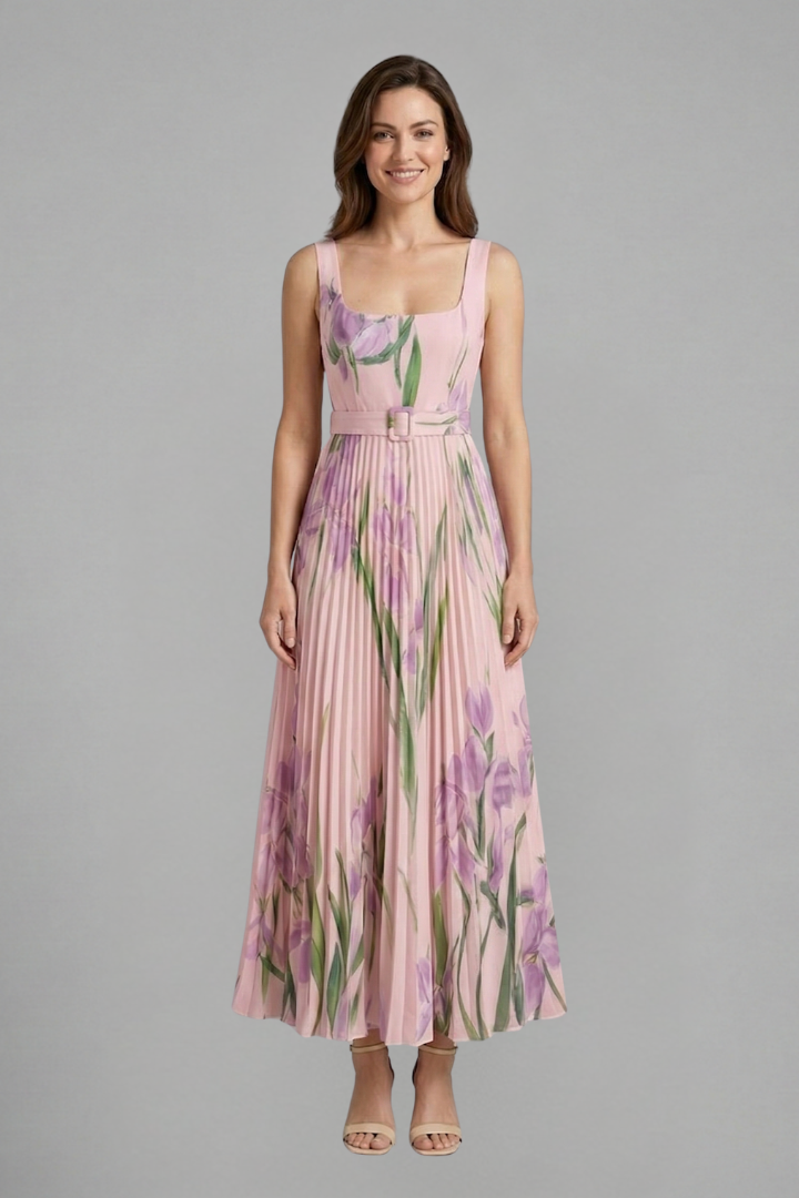 Women’s Maxi Dress with Square Neck and Pleated Skirt