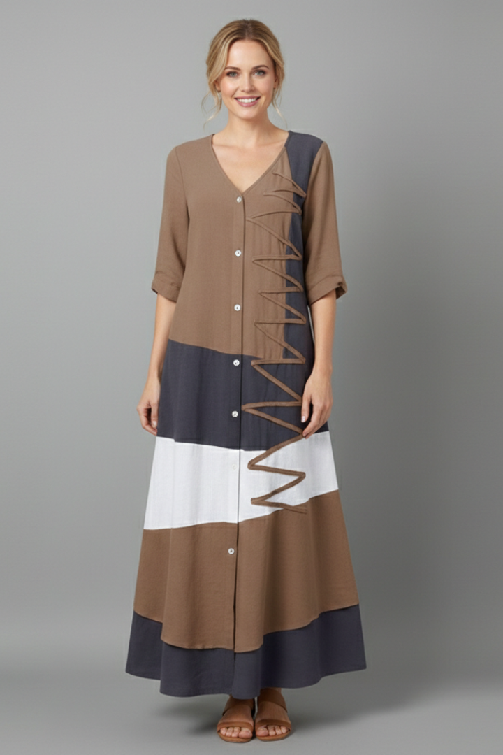 Women’s Maxi Dress with V Neckline and Button Front