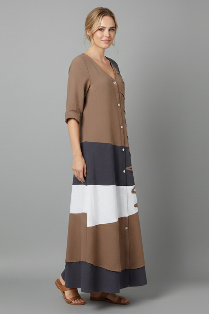 Women’s Maxi Dress with V Neckline and Button Front