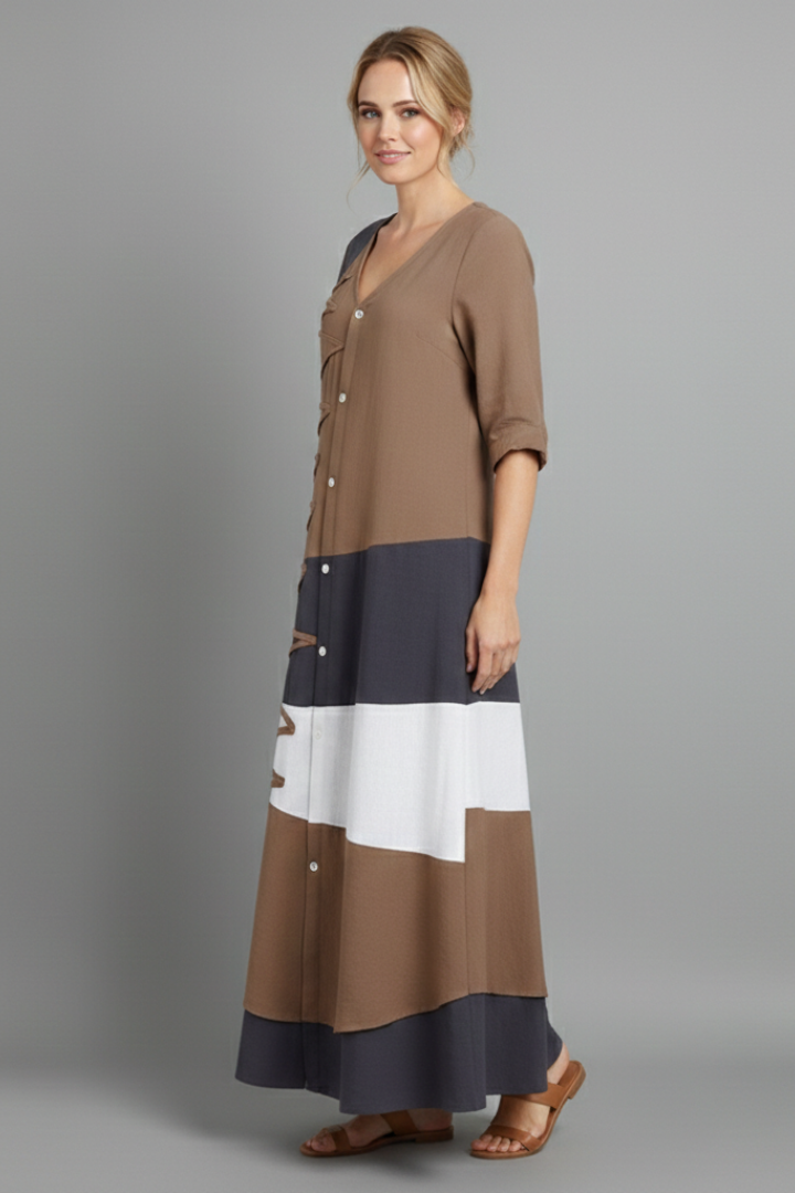 Women’s Maxi Dress with V Neckline and Button Front