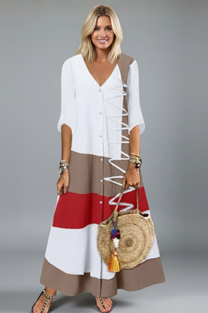 Women’s Maxi Dress with V Neckline and Button Front