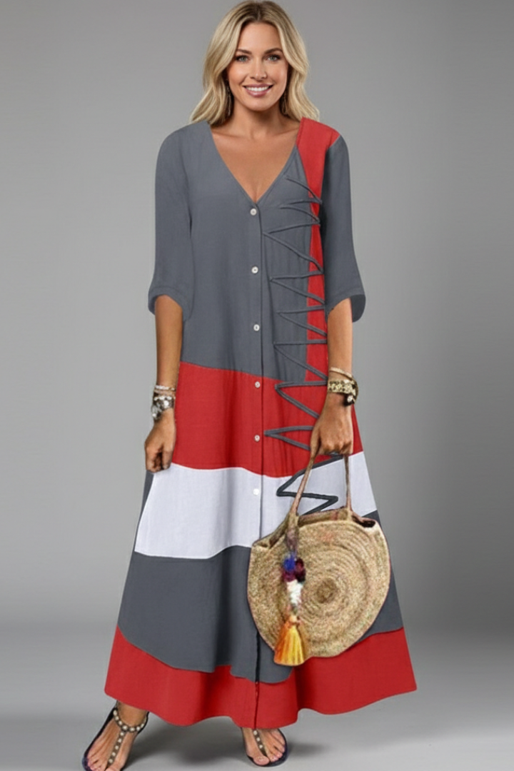 Women’s Maxi Dress with V Neckline and Button Front
