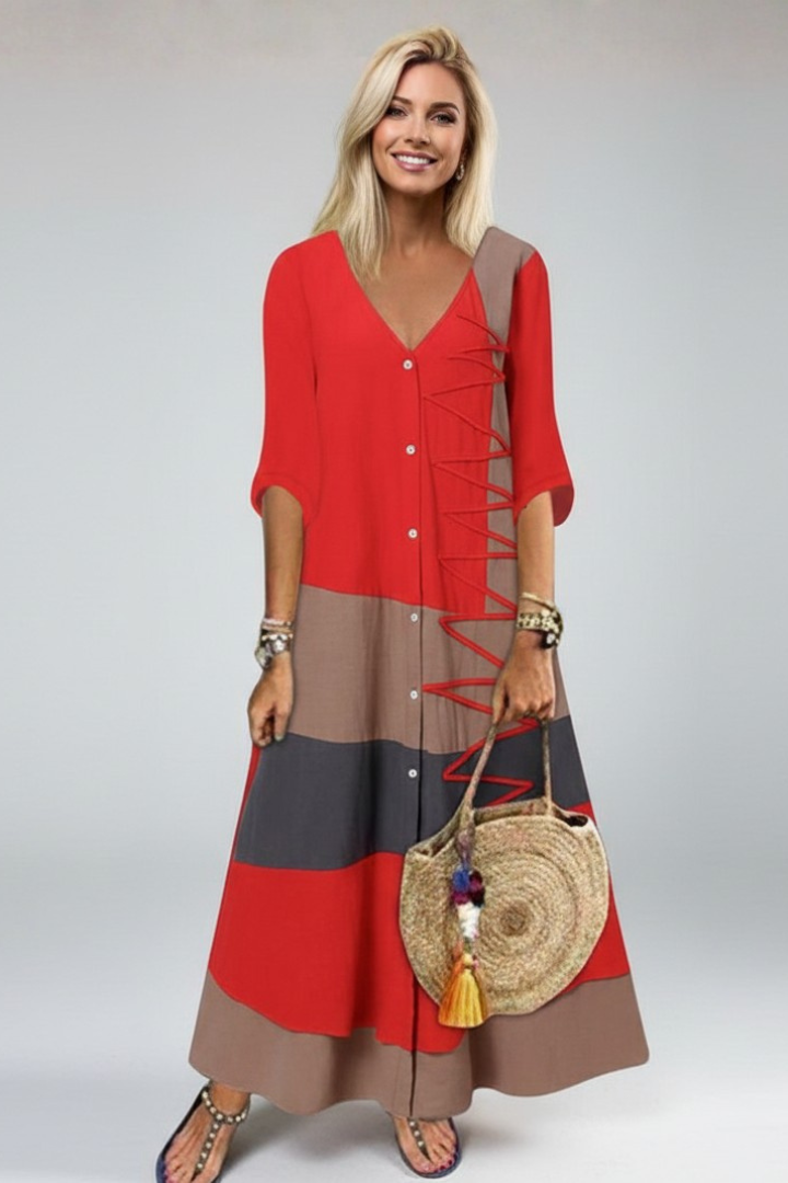 Women’s Maxi Dress with V Neckline and Button Front