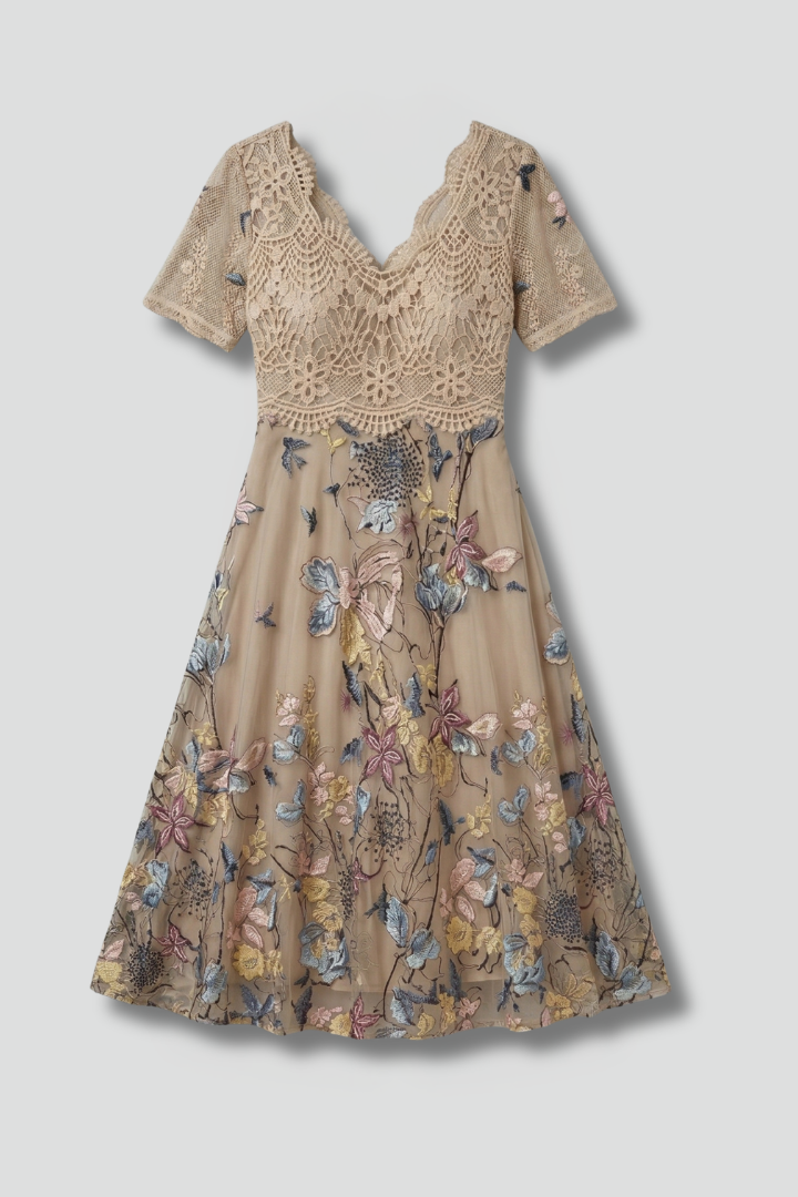 Women’s Midi Dress with Lace Detail and V Neck