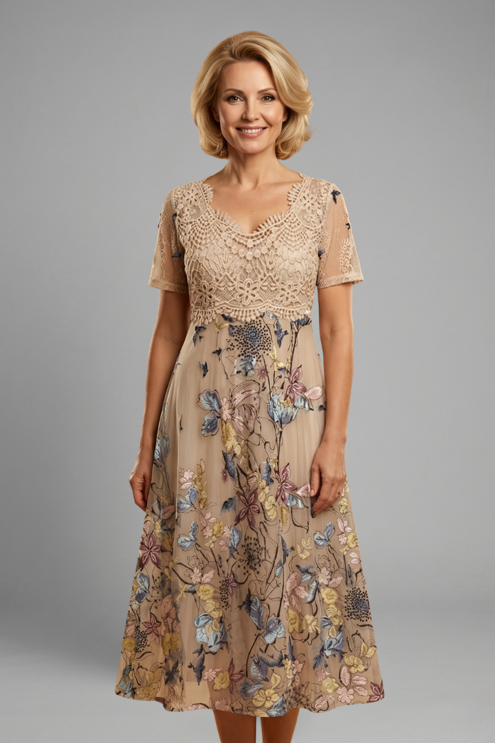 Women’s Midi Dress with Lace Detail and V Neck