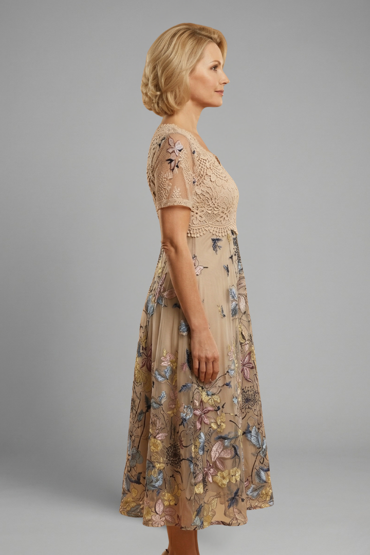 Women’s Midi Dress with Lace Detail and V Neck