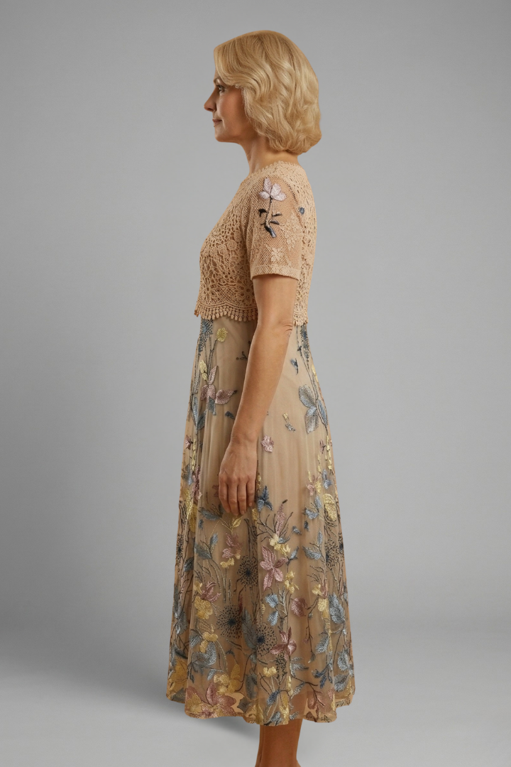 Women’s Midi Dress with Lace Detail and V Neck