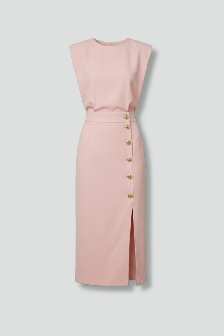 Women’s Midi Dress with Round Neck and Button Slit