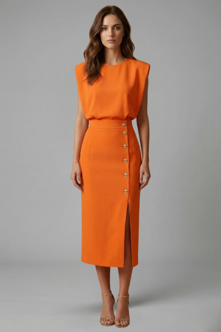 Women’s Midi Dress with Round Neck and Button Slit