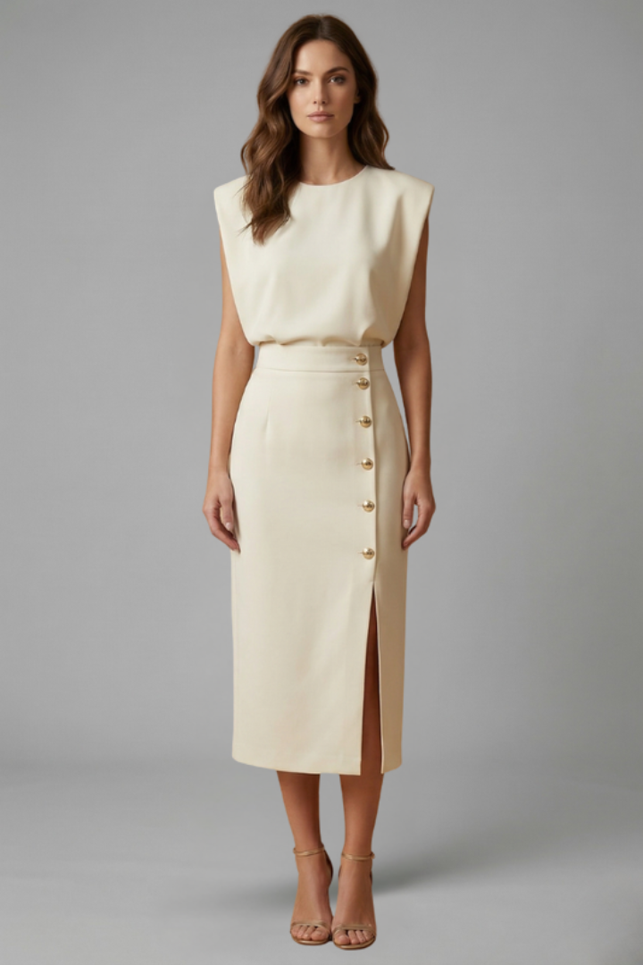 Women’s Midi Dress with Round Neck and Button Slit
