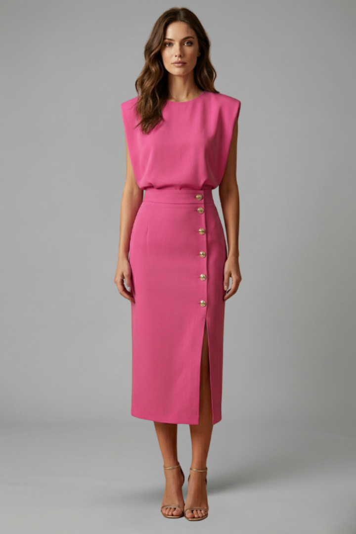 Women’s Midi Dress with Round Neck and Button Slit