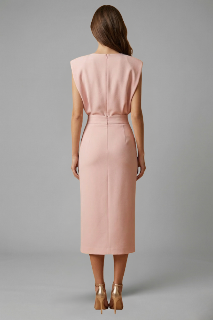 Women’s Midi Dress with Round Neck and Button Slit