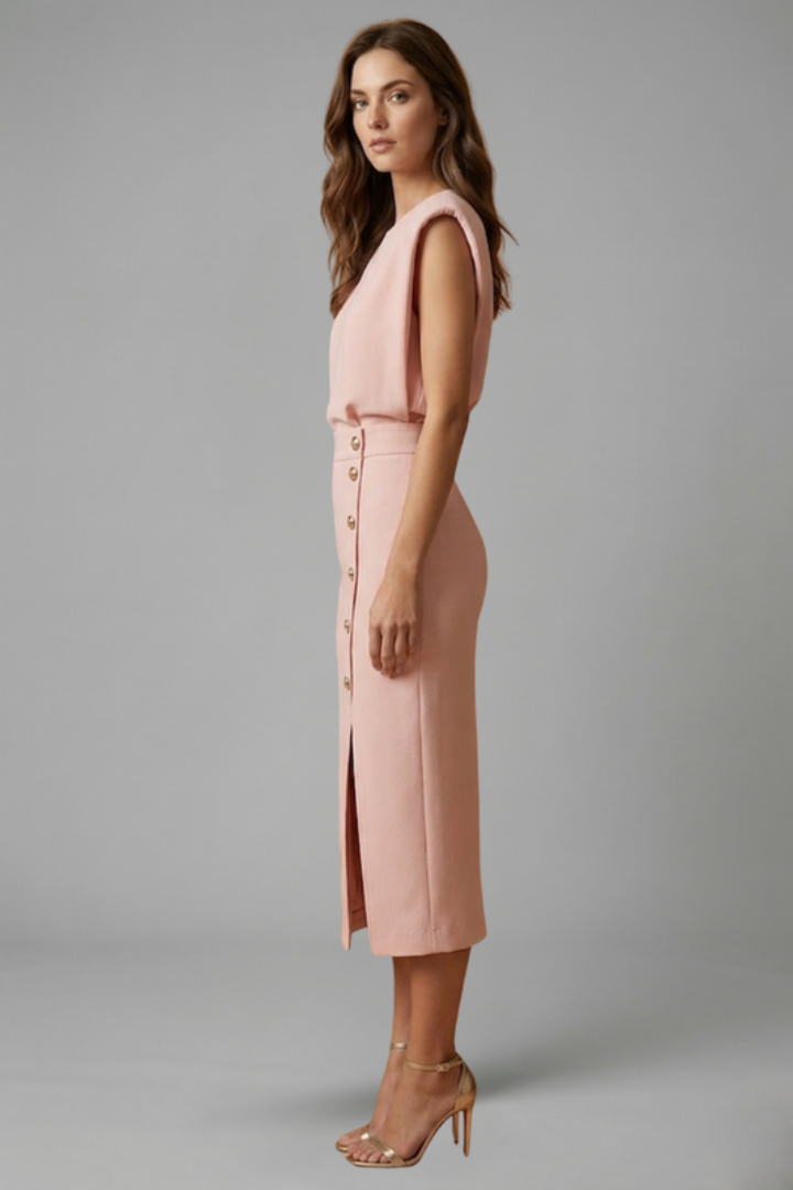 Women’s Midi Dress with Round Neck and Button Slit