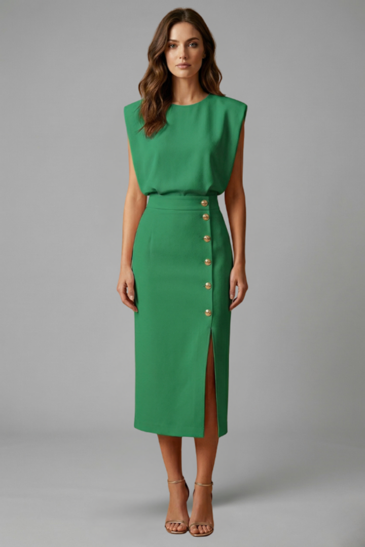 Women’s Midi Dress with Round Neck and Button Slit