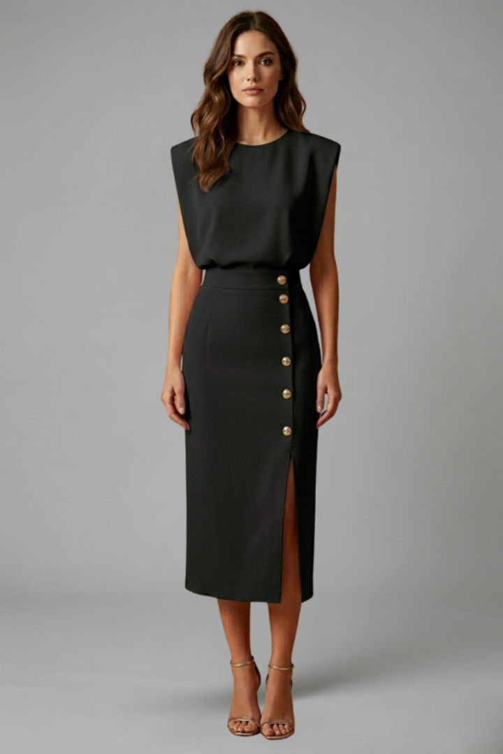 Women’s Midi Dress with Round Neck and Button Slit
