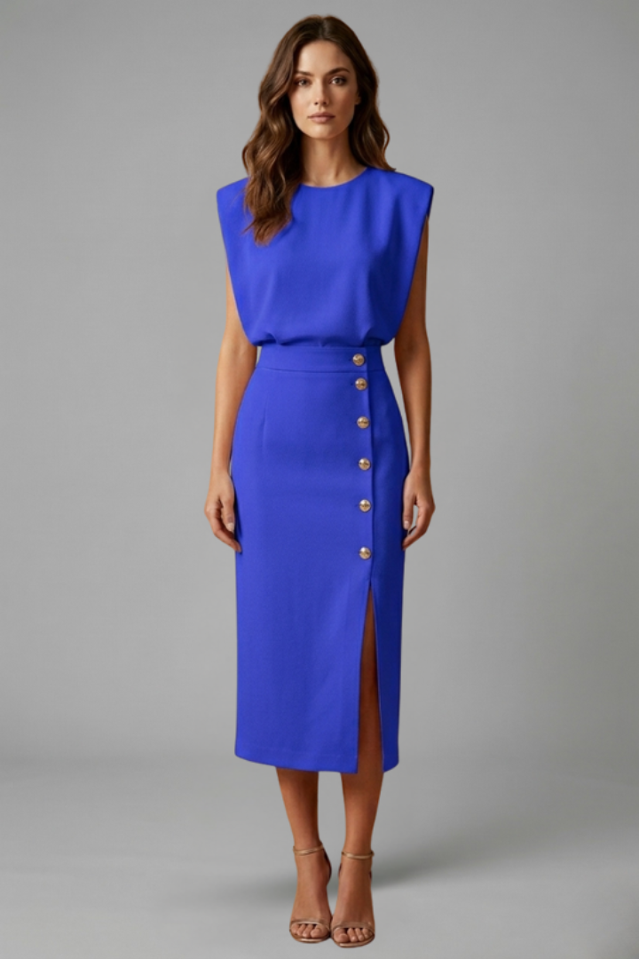 Women’s Midi Dress with Round Neck and Button Slit