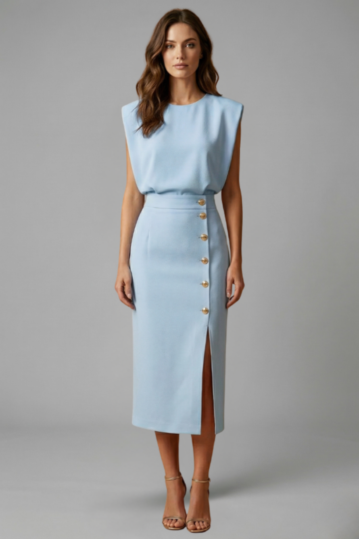 Women’s Midi Dress with Round Neck and Button Slit
