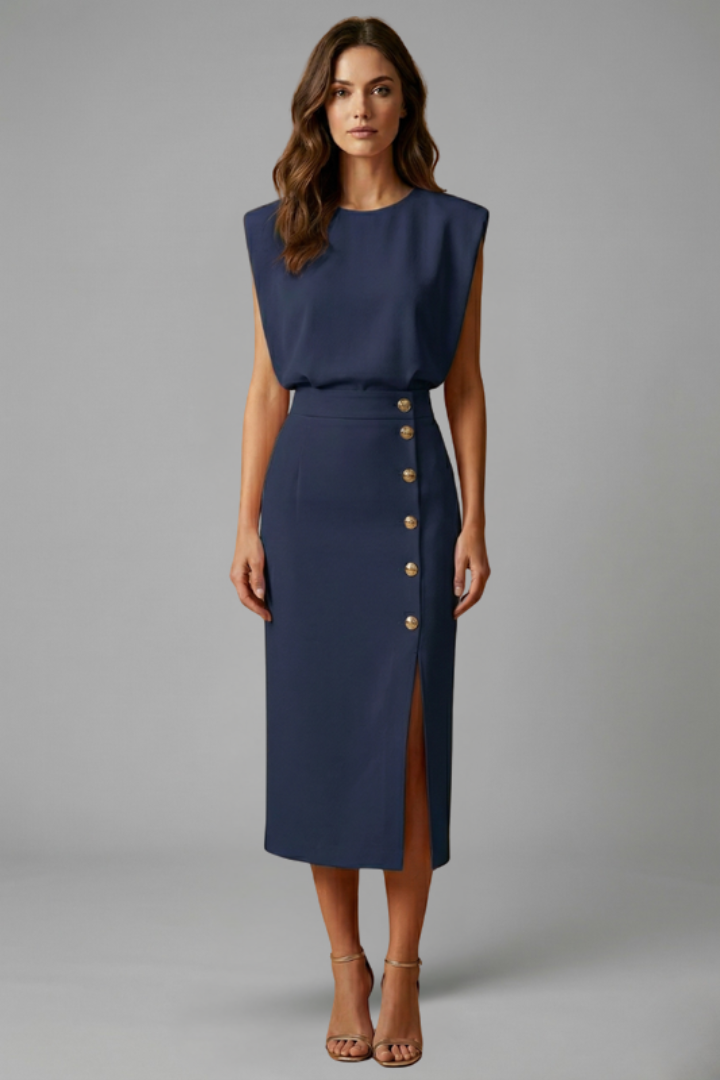 Women’s Midi Dress with Round Neck and Button Slit