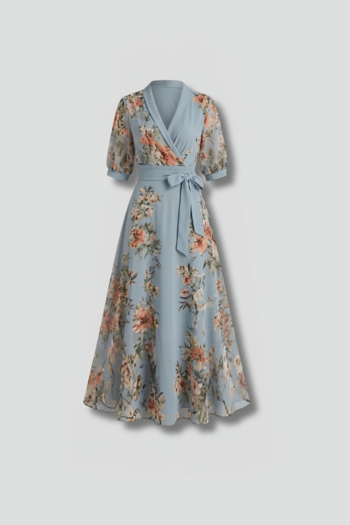 Women’s Midi Dress with V-Neck and Floral Pattern