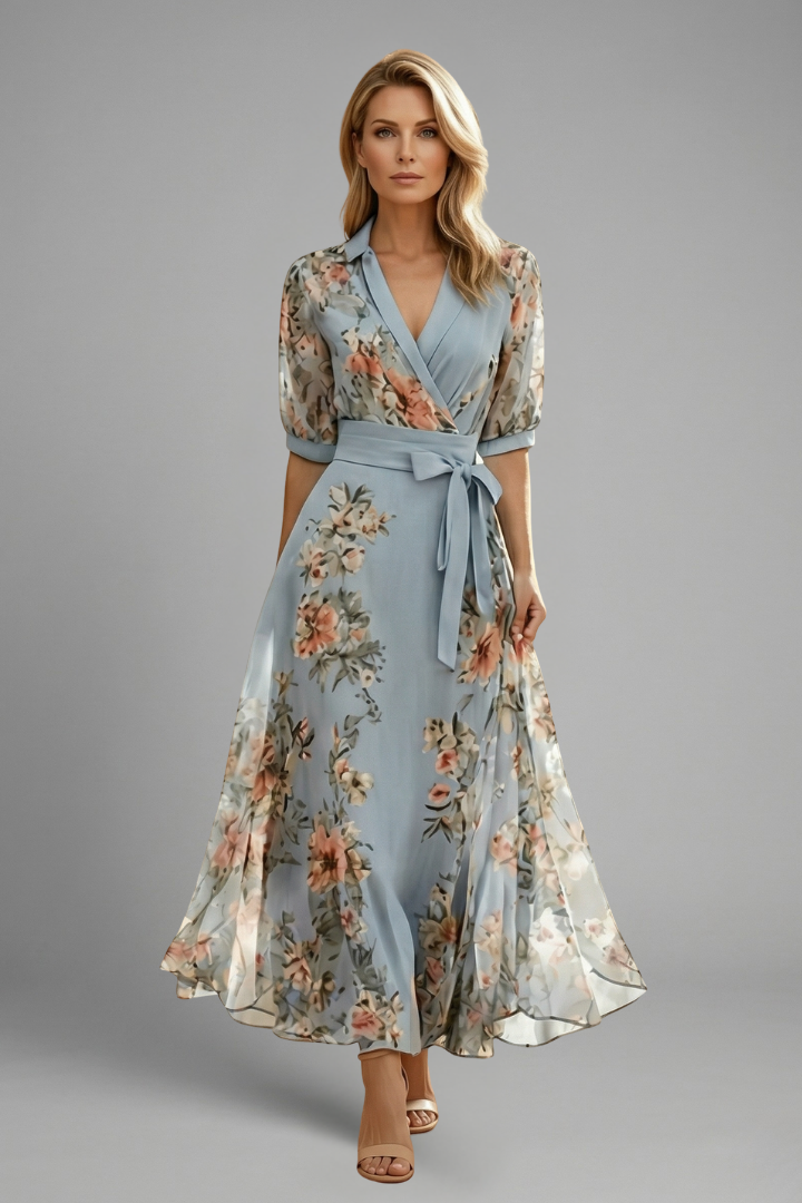 Women’s Midi Dress with V-Neck and Floral Pattern