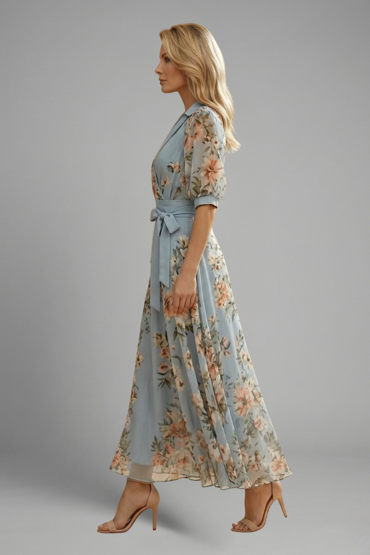 Women’s Midi Dress with V-Neck and Floral Pattern