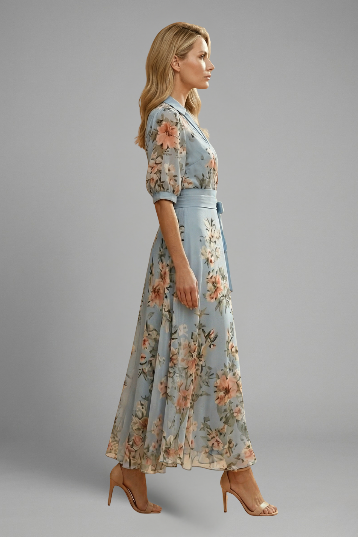 Women’s Midi Dress with V-Neck and Floral Pattern