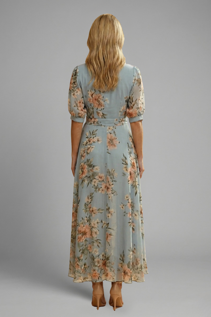 Women’s Midi Dress with V-Neck and Floral Pattern