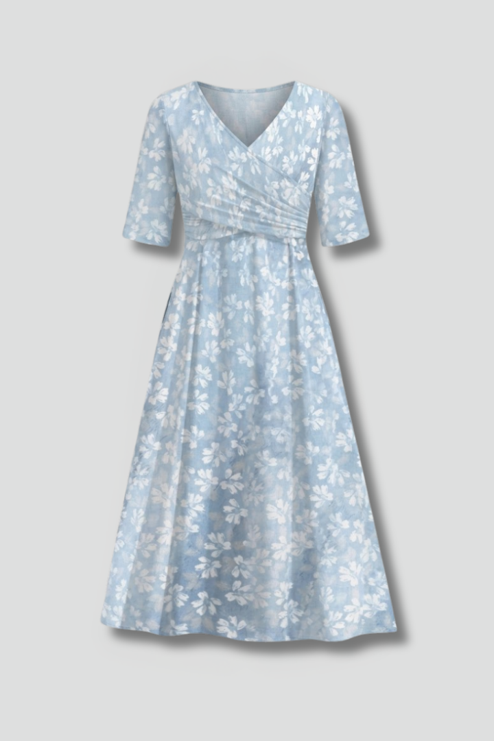 Women’s Midi Dress with V-Neckline and Side Pockets