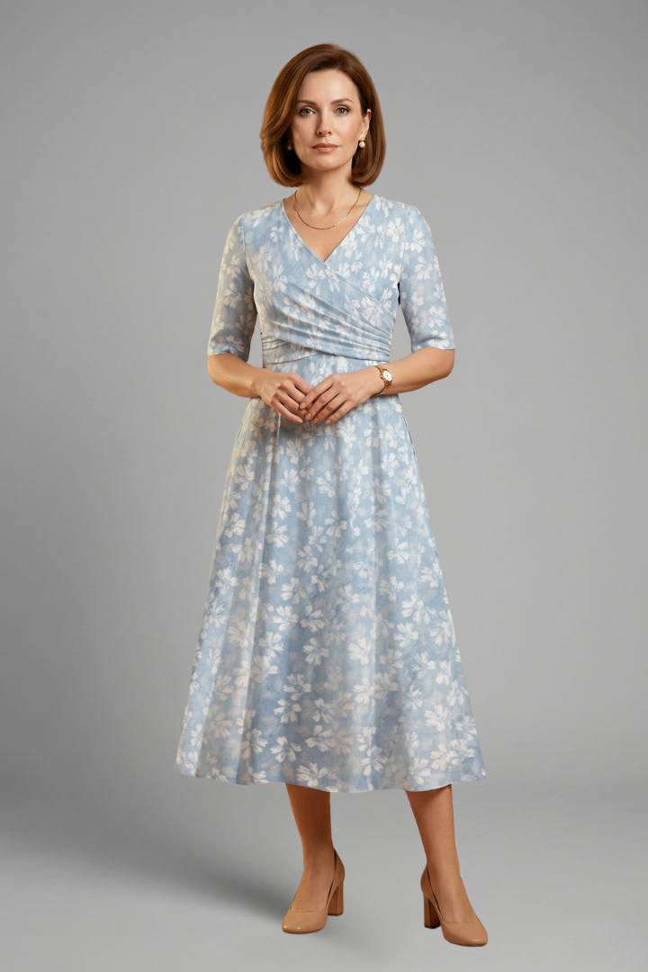 Women’s Midi Dress with V-Neckline and Side Pockets