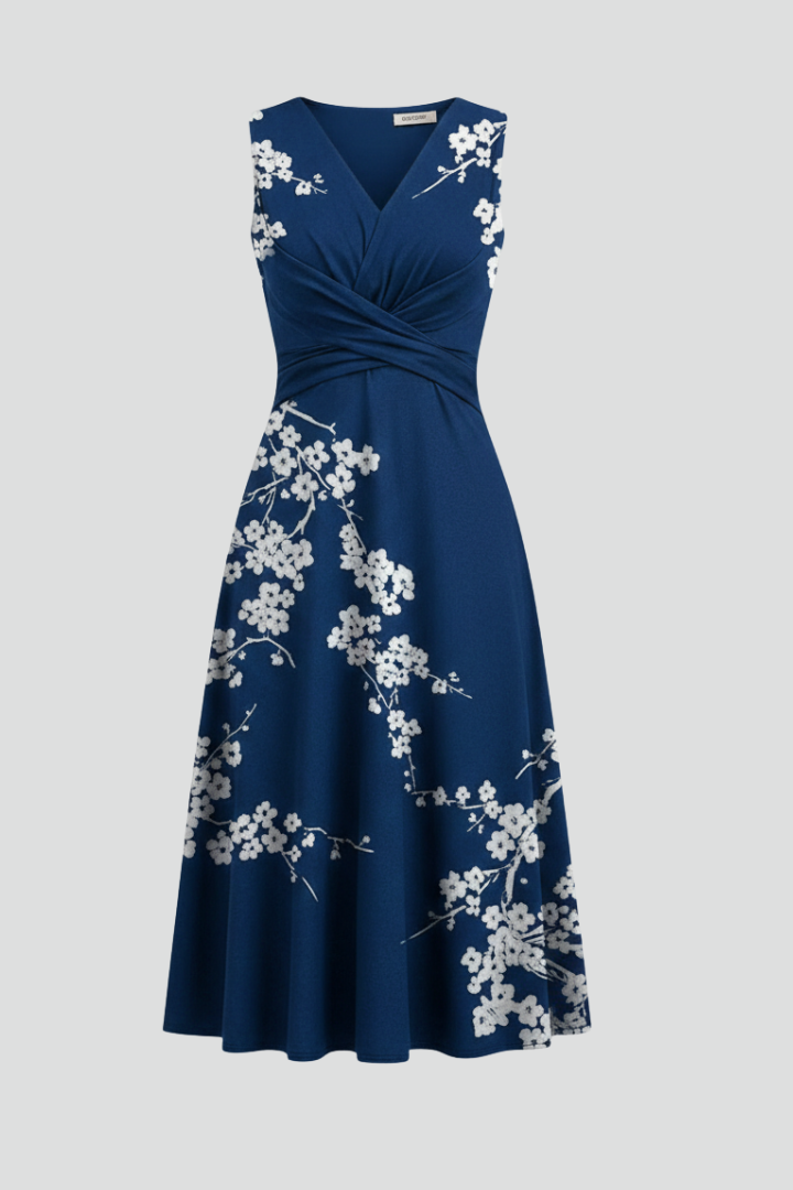 Women’s Midi Dress with V Neck and Sleeveless Cut
