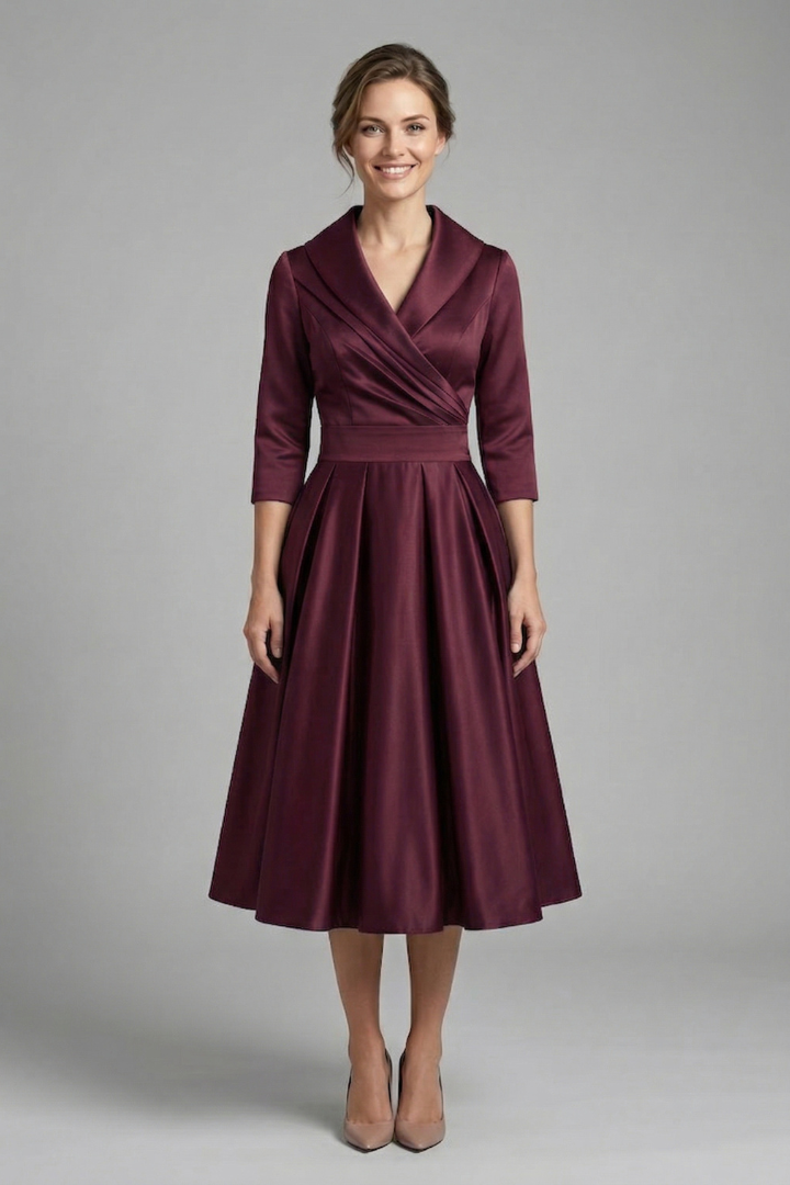 Women’s Midi Dress with Wrap Neck and Pleated Skirt