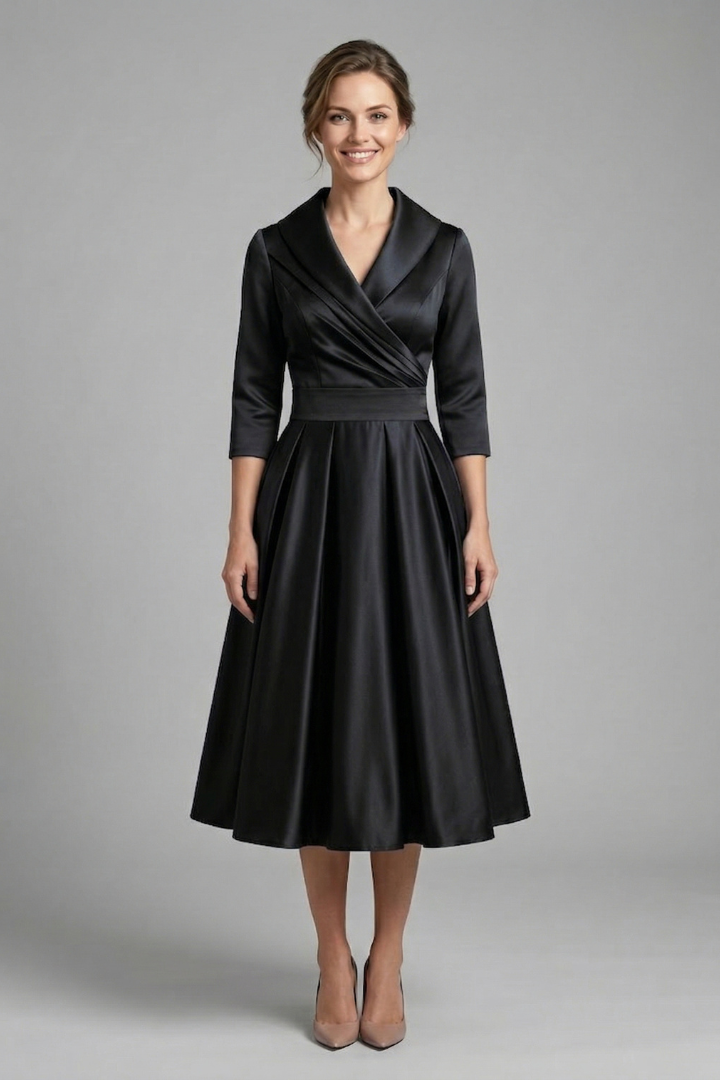 Women’s Midi Dress with Wrap Neck and Pleated Skirt