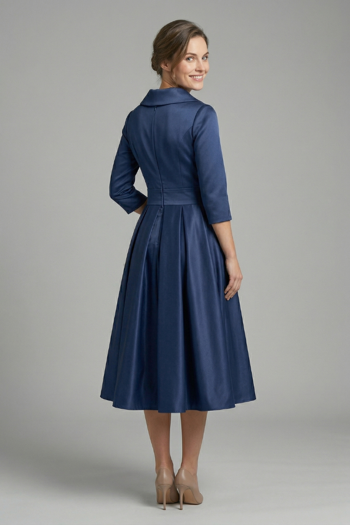 Women’s Midi Dress with Wrap Neck and Pleated Skirt