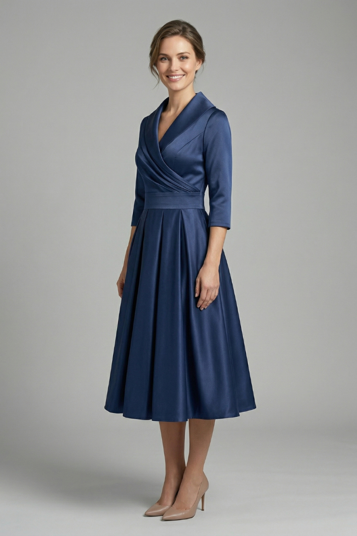 Women’s Midi Dress with Wrap Neck and Pleated Skirt