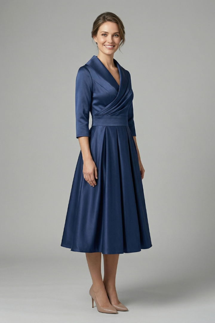 Women’s Midi Dress with Wrap Neck and Pleated Skirt