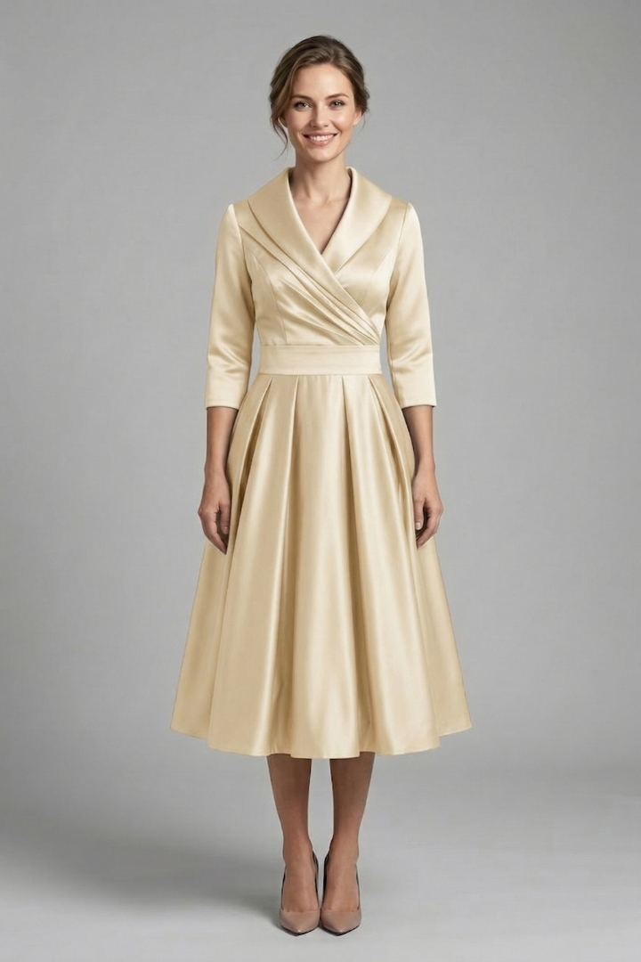 Women’s Midi Dress with Wrap Neck and Pleated Skirt