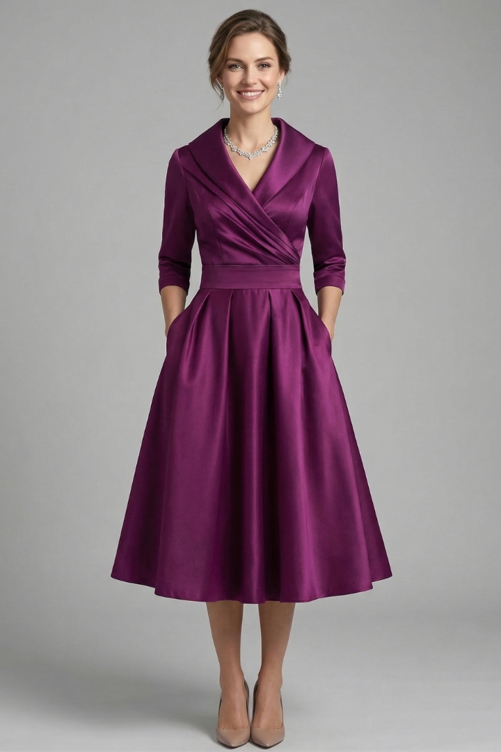 Women’s Midi Dress with Wrap Neck and Pleated Skirt