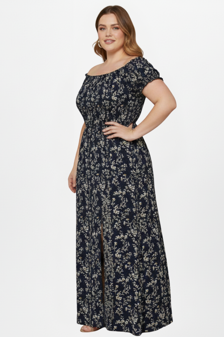 Women’s Plus Size Maxi Dress with Off-Shoulder Neckline and Side Slits