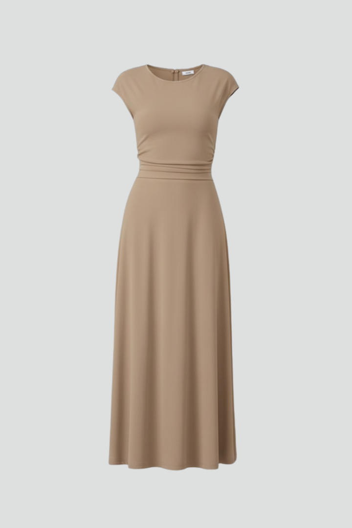 Women’s midi dress with high waist and cap sleeves