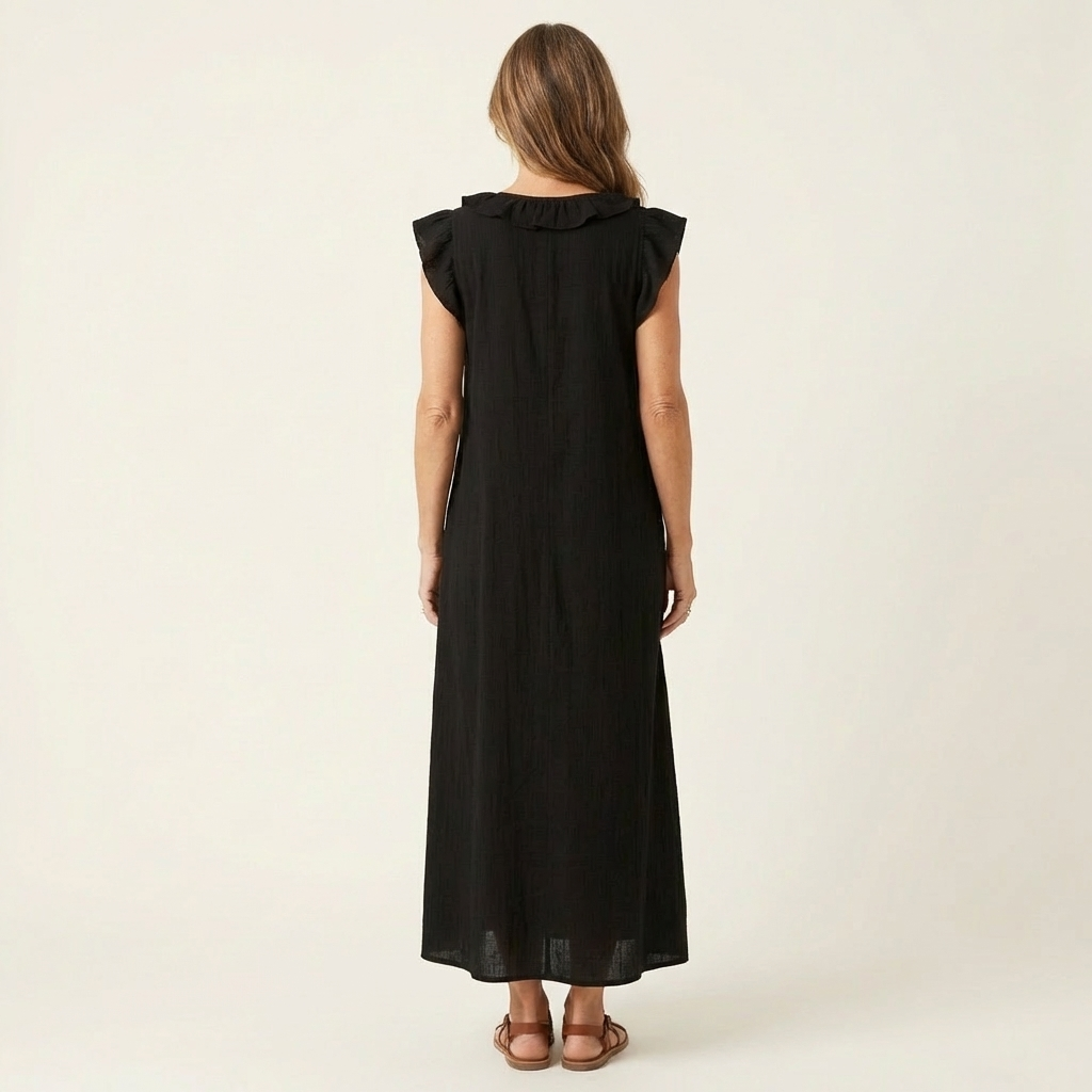 Josette Ruffle V-Neck Linen Maxi Dress